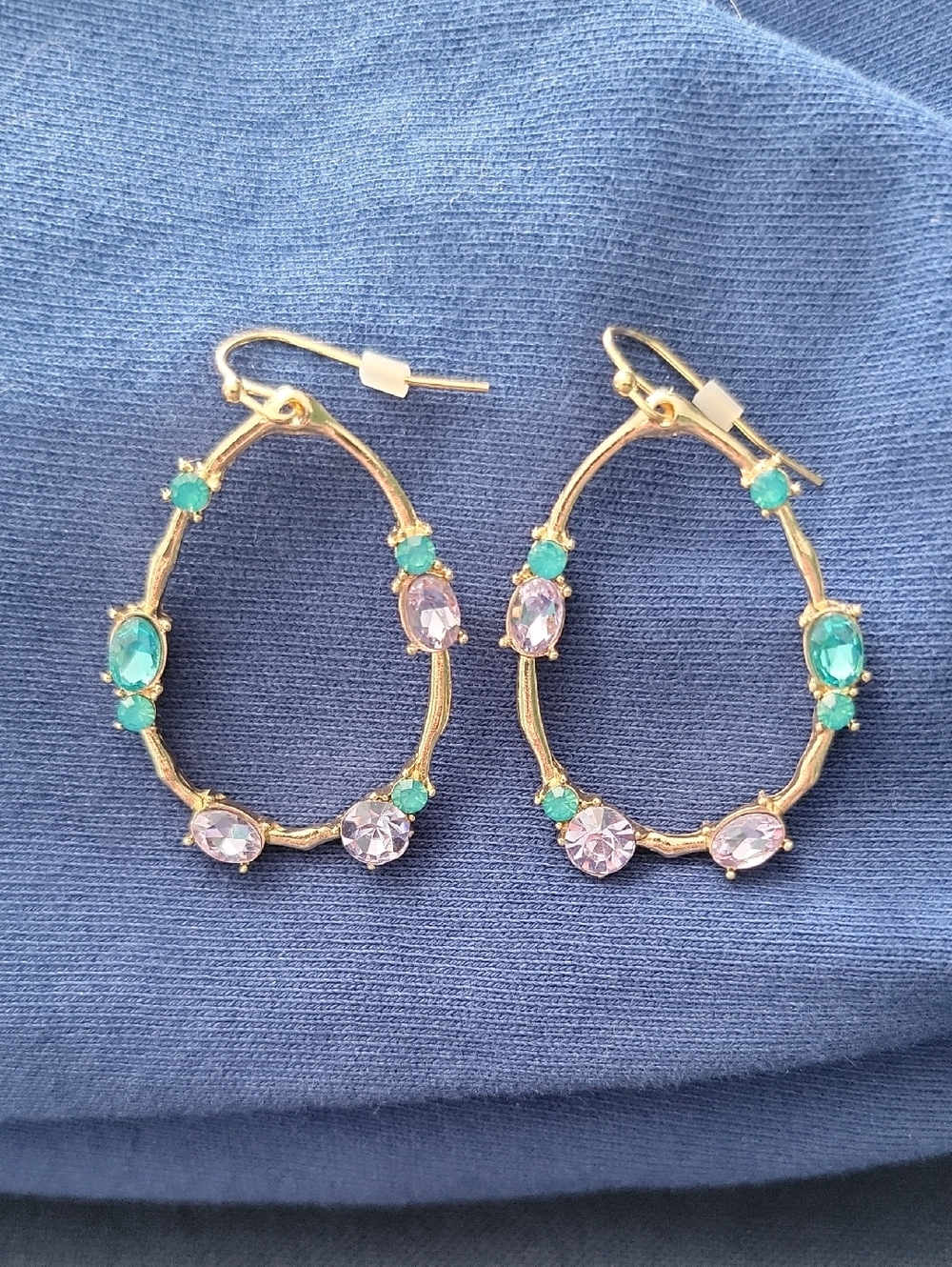Gold Hoop Earrings with Green and Light Purple Stones